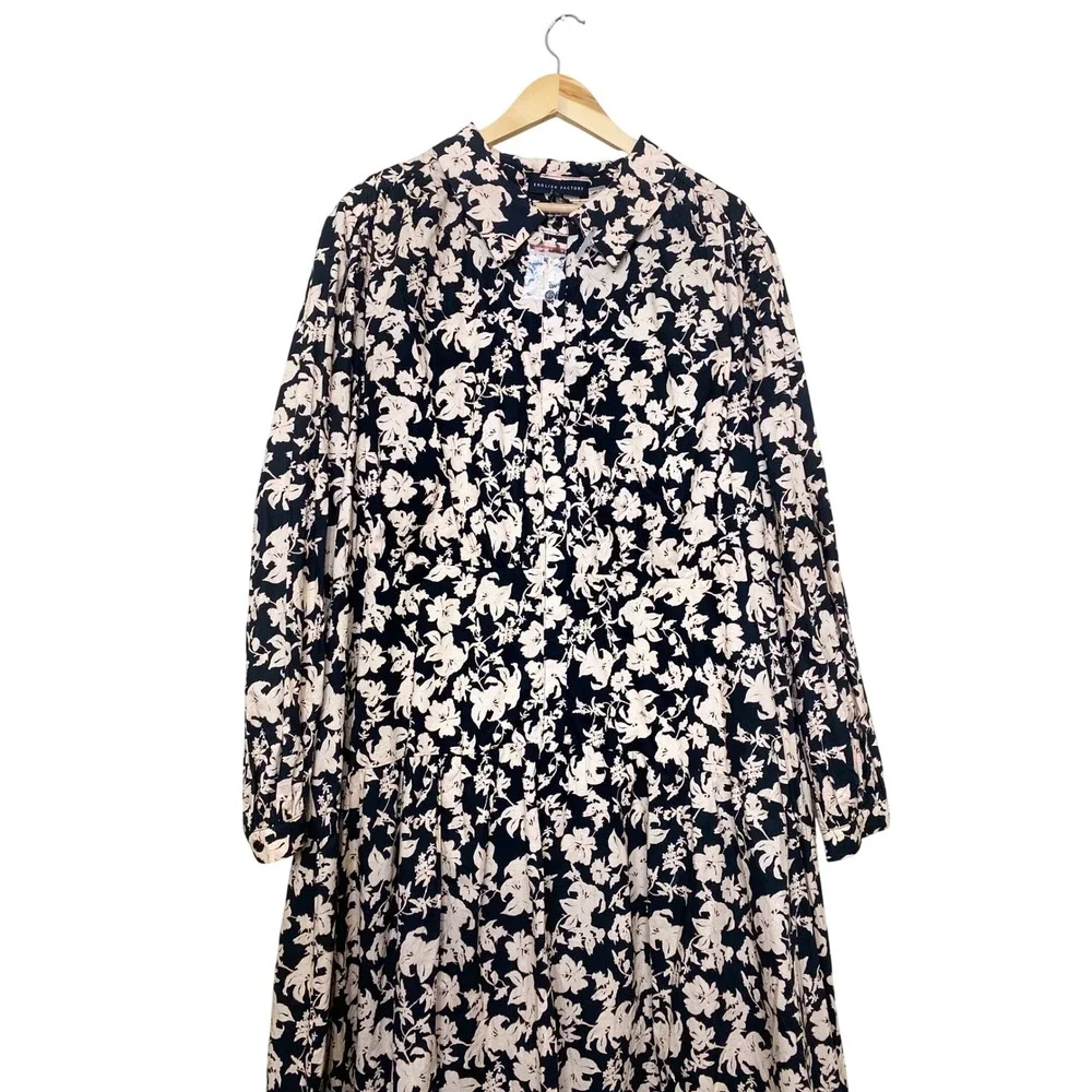 English Factory Womens 3X Floral Midi Dress Long Sleeve Button Front Black Cream